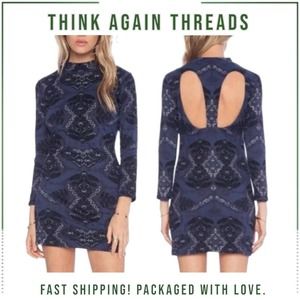 Free People Cute N Cozy Bodycon Mini Dress Indigo Peacock Long Sleeve Size Large